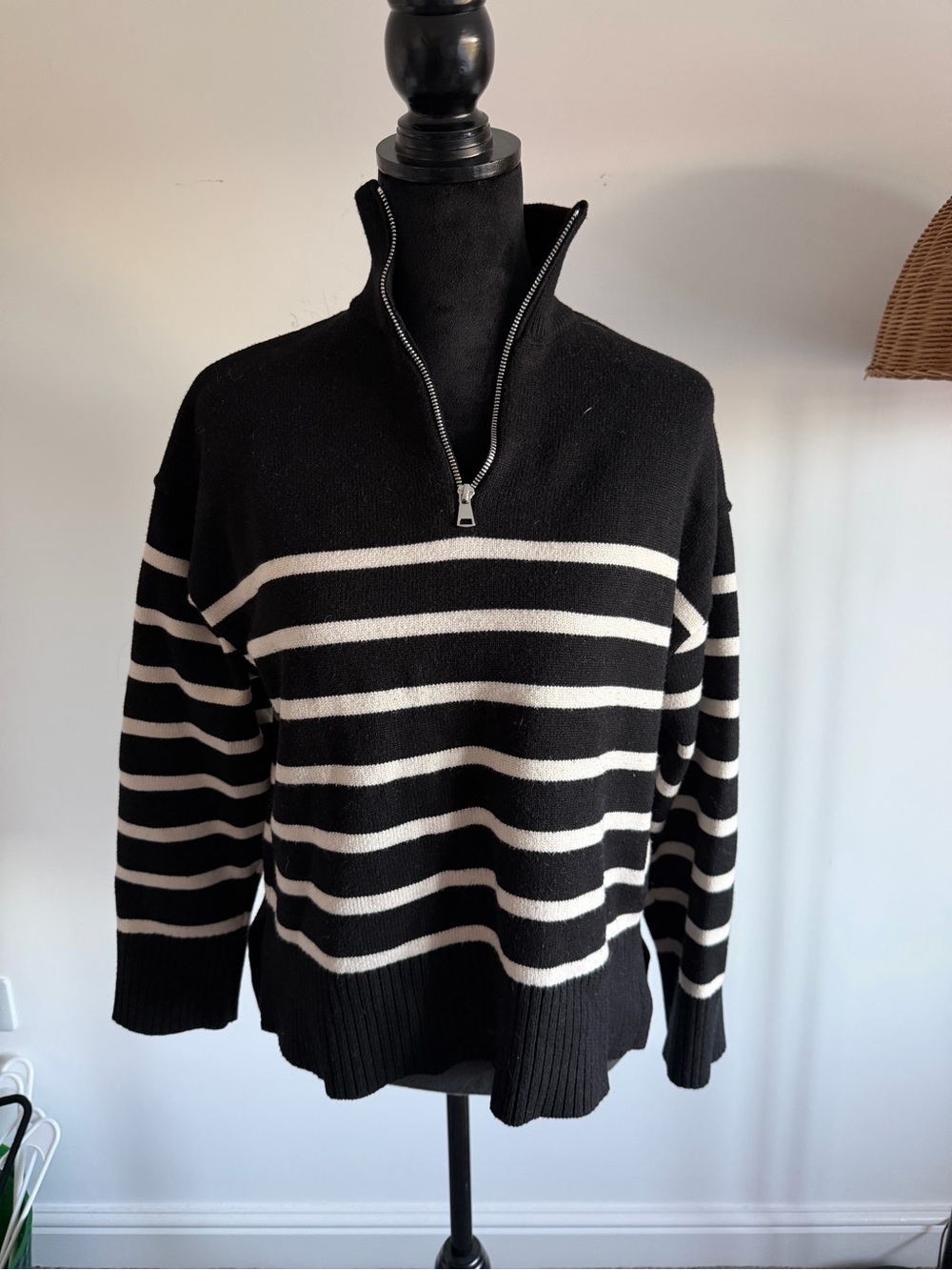 Zara Black & White Striped Half-Zip Sweater